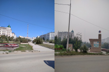 Zdjęcie Jakucka z dymem (efekt pożarów na Syberii) i bez dymu