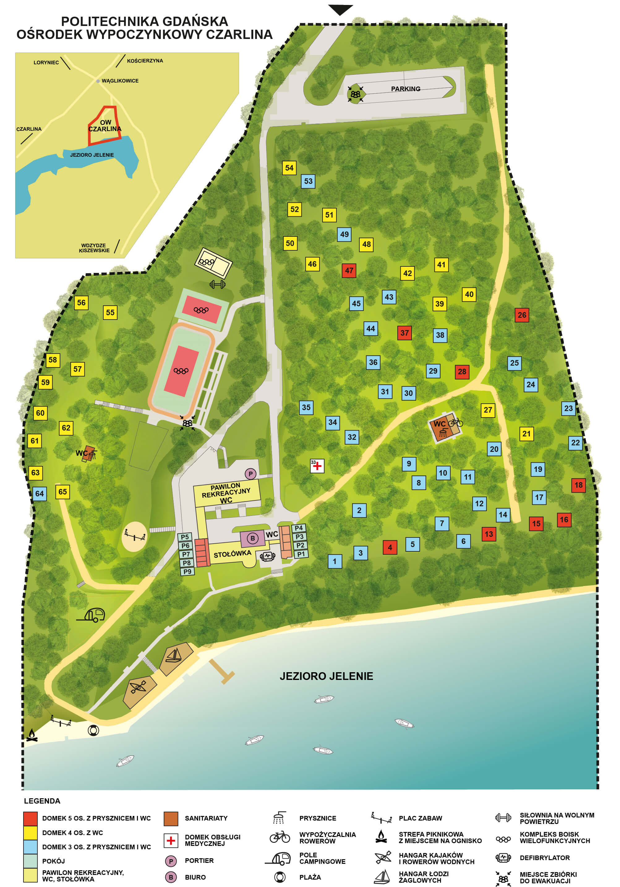 Mapa ośrodka z lokalizacją domków i atrakcji