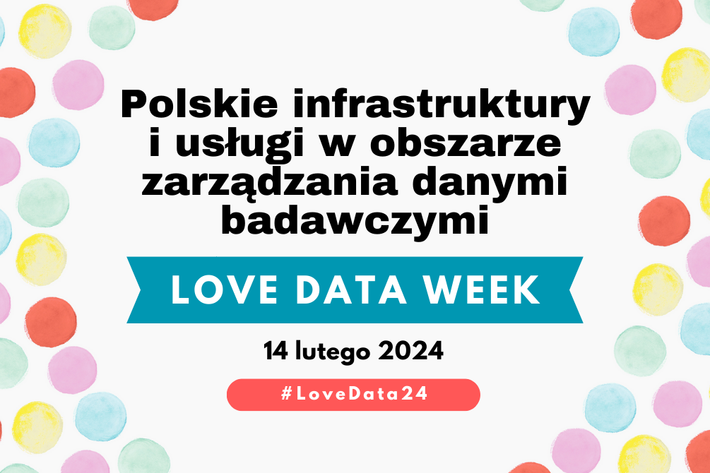 Napis "Polskie infrastruktury i usługi w obszarze zarządzania danymi badawczymi Love Data Week 14 lutego 2024 #LoveData24"