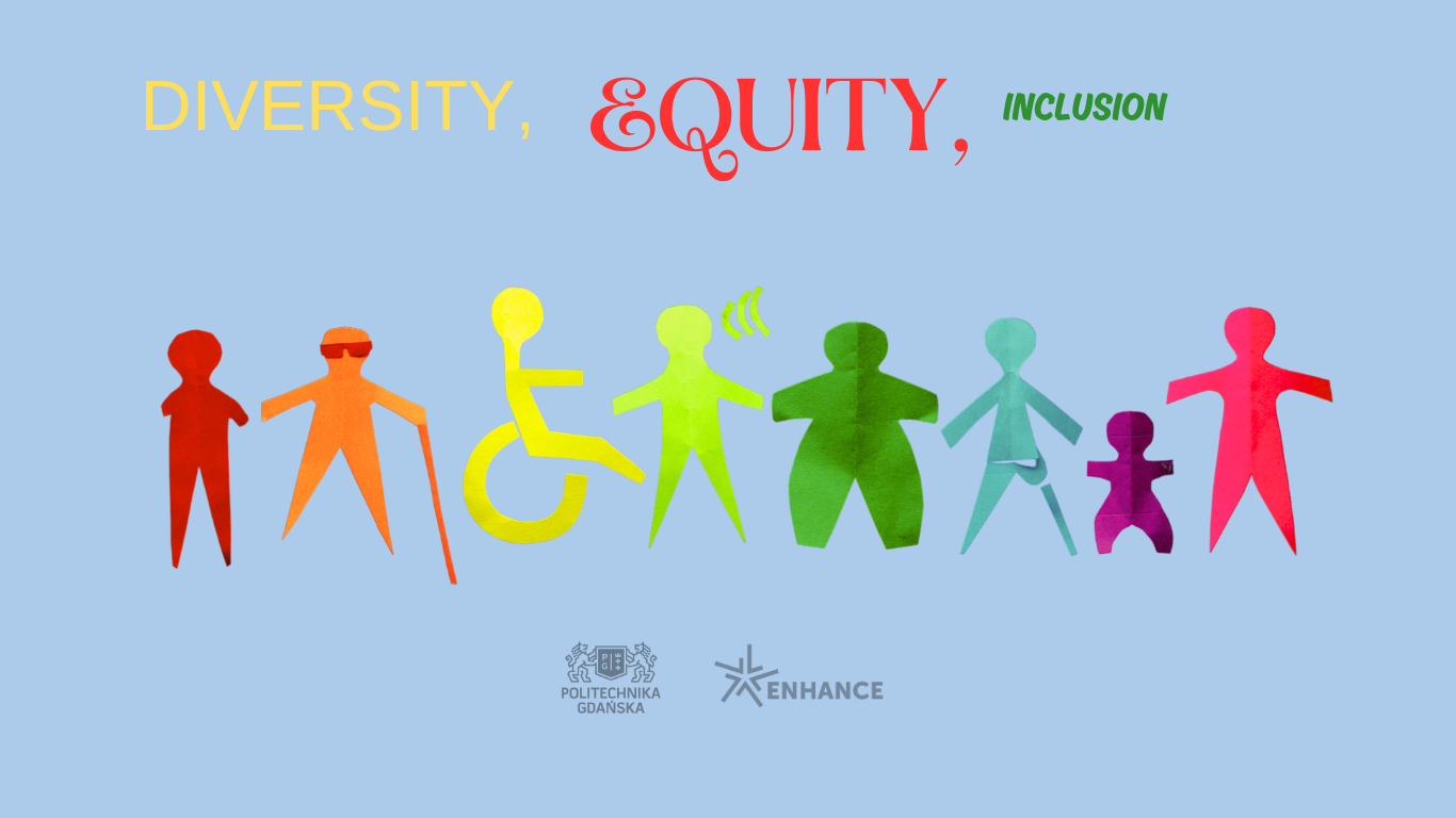 Niebieskie tło, na nim ludziki w róznych kolorach, różnych gabarytów, logo PG oraz ENHANCE  i napis: (Diversity, Equity, Inclusion