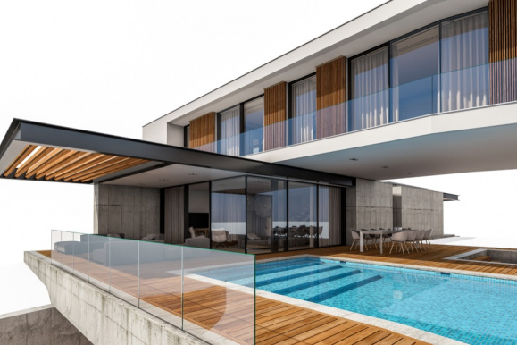 Visualisation of a building with swimming pool