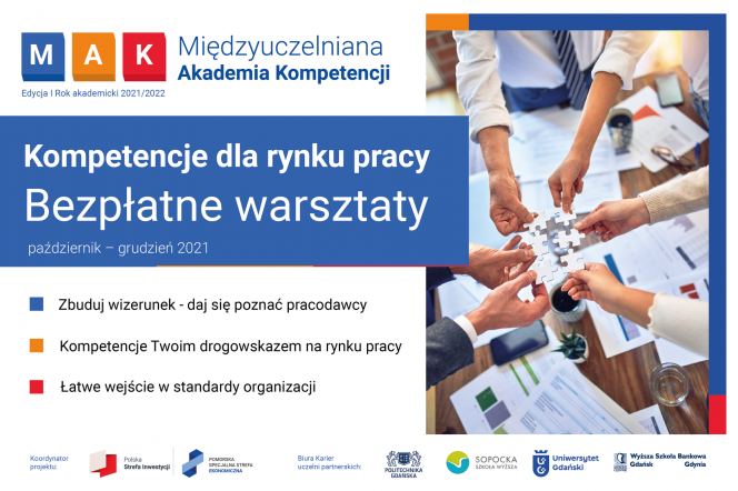plakat promujący Międzyuczelnianą Akademię Kompetencji zawierający hasła zachęcające do udziału w przedsięwzięciu 