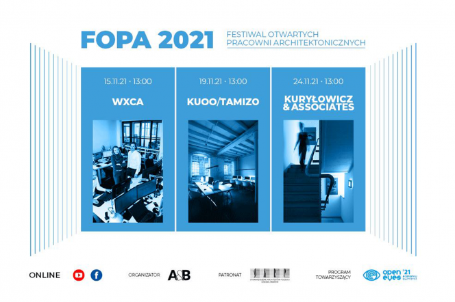 Plakat FOPA 2021, pośrodku 3 pionowe kafle z nazwami i terminami wydarzenia oraz zdjęciami wnętrza