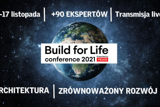 Plakat promujący konferencję Build for life - napisy na tle kuli ziemskiej w kosmosie.