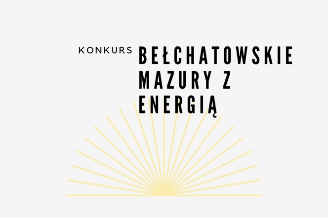 grafika, jasnoszare tło, w dole graficzne zółte słońce, w górnej częśc napis konkurs, większą czcionką bełchatowskie mazury z energią