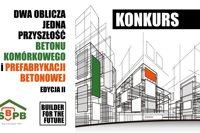 plakat informujący o konkursie "dwa oblicza jedna przyszłość" na plakacie szkice budynków