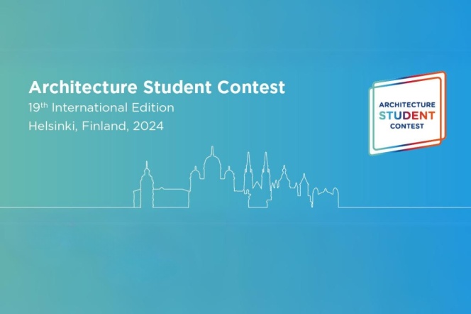 grafika zielono-niebieski gradient, biały napis Architecture Student Contest Saint-Gobain 2024