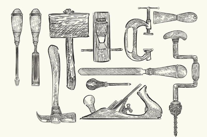 Grafika przestawiająca różne narzędzia do obróbki drewna