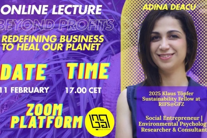 Poster promoting online lecture Beyond Profits: Redefining Business to Heal Our Planet 