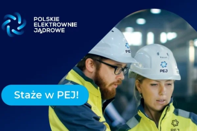 dwie osoby w kaskach i kamizelkach, mezczyzna i kobieta, zaproszenie do odbycia stazu w polskich elektrowniach atomowych