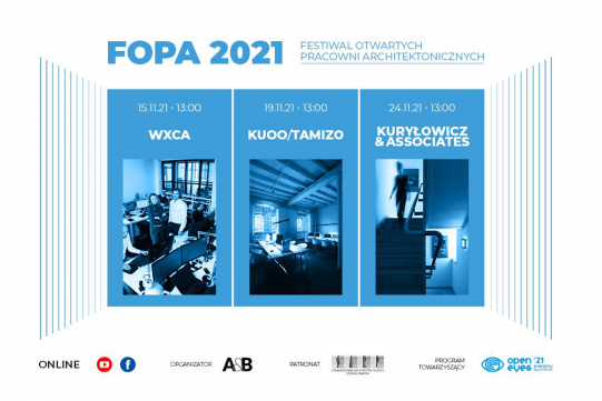 Plakat FOPA 2021, pośrodku 3 pionowe kafle z nazwami i terminami wydarzenia oraz zdjęciami wnętrza