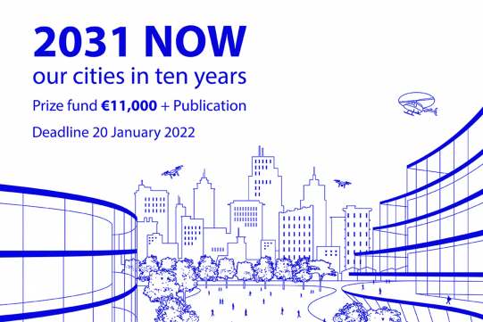 Futurystyczna wizja miasta, napis 2031 NOW - our cities in ten years