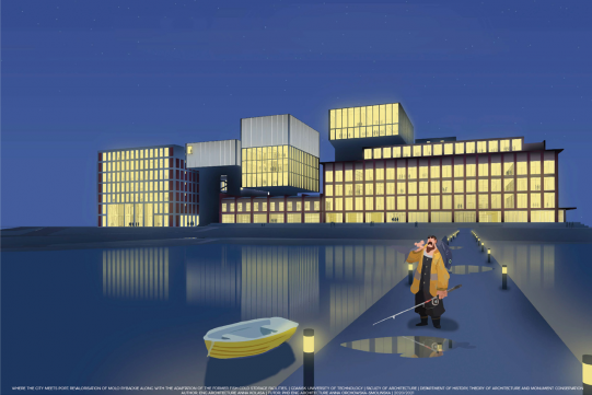 Zwycięska praca Anny Kolasy - jedna z plansz przedstawiająca projektowany budynek nocą w oddali
