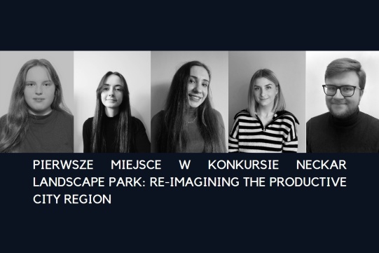 w linii portrety zwyciężczyń i zwycięzcy konkursu - na czarnym tle pięć białoczarnych portretów umieszczonych obok siebie w górnej części na ok 2/3 wysokości, pod portretami biały napis kapitalikami: Pierwsze miejsce w konkursie Neckar Landscape Park: Re-Imagining The Productive City Region