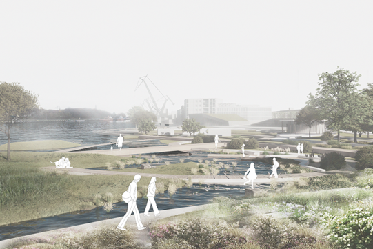 Wizualizacja główna projektu Marty Hrycyny, która otrzymała nagrodę Towarzystwa Urbanistów Polskich. Wizualizacja przestawia projekt waterfrontu zaprojektowanego w Nowym Porcie