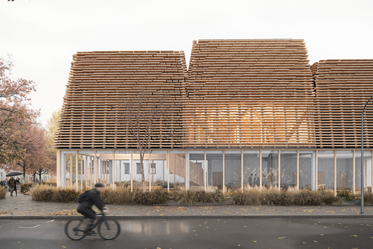 Zwycięski projekt w konkursie Inspireli Awards 2025, elewacja frontowa zaprojektowanego obiektu, która formą nawiązuje do tradycyjnych form architektektonicznych spotykanych w Sopocie 