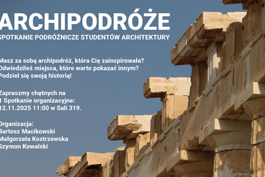 Grafika informująca o spotkaniu i wycieczce w ramach Archipodróży, na grafice fragment kolumnady Partenonu