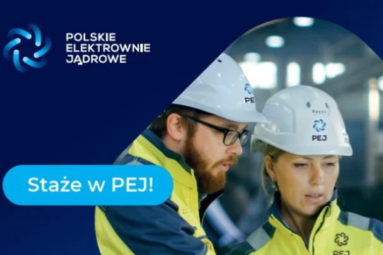 dwie osoby w kaskach i kamizelkach, mezczyzna i kobieta, zaproszenie do odbycia stazu w polskich elektrowniach atomowych