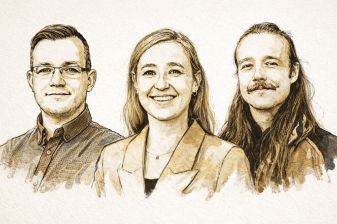 Grafika przedstawiająca beneficjentów: dr inż. Mateusz Daśko, dr inż. Kinga Kaniewska-Laskowska, mgr inż. Tomasz Wojnowski