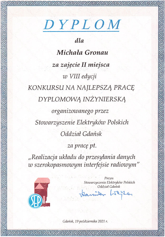 Dyplom na najlepszą pracę inżynierską 20/21 dla inż. Michała Gronau ...