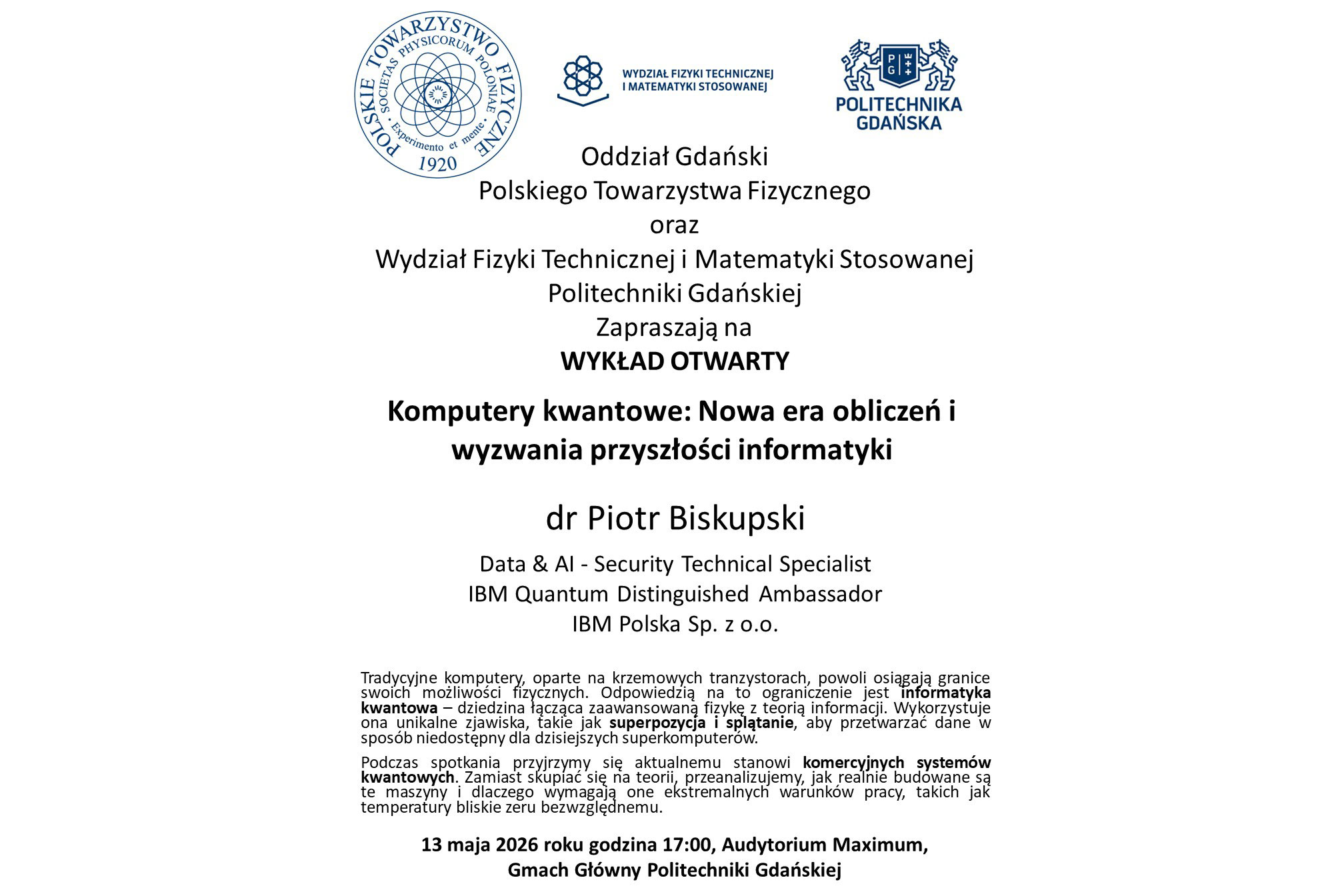 Wykład otwarty: Komputery kwantowe: Nowa era obliczeń i wyzwania przyszłości informatyki