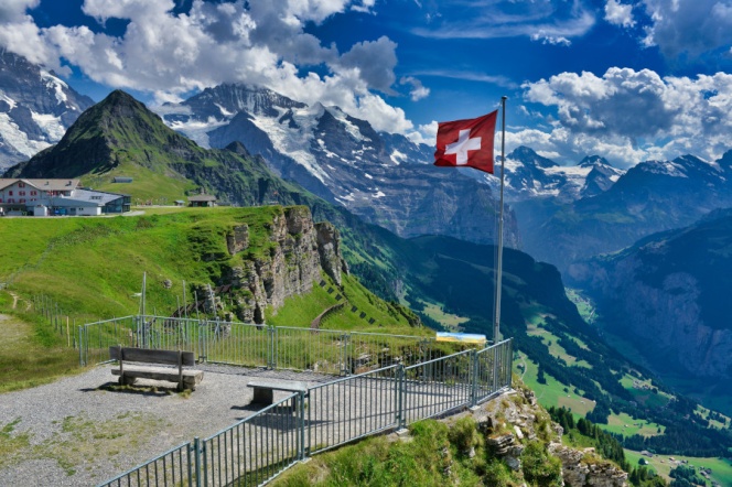 Swiss flag on the background of mountains