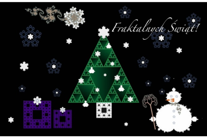 na czarnym tle kolorowe fraktale przedstawiające choinkę, bałwana, śnieżynki i prezent