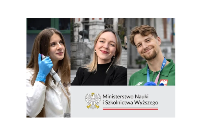 laureaci stypendiów oraz logo ministerstwa