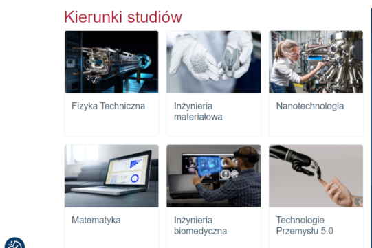 6 kafelków ilustrujących kierunki studiów na WFTiMS PG