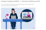 grafika kobiety pracującej przy biurku na laptopie, oglądającej webinarium online