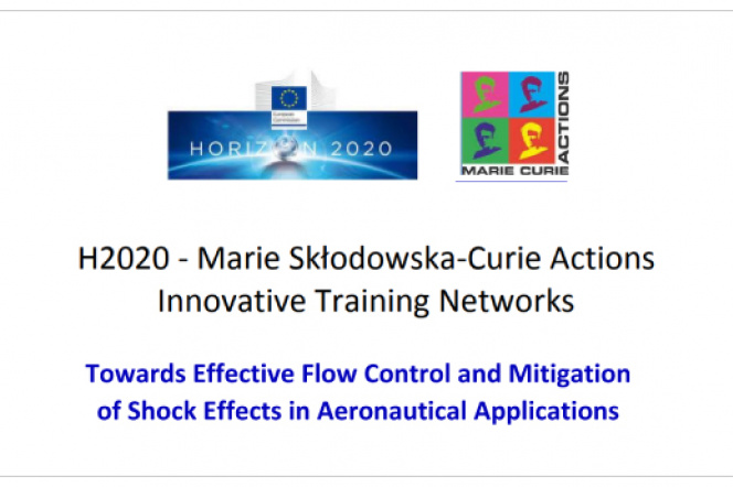 Na grafice logo proramu "Towards Effective Flow Control and Mitigation of Shock Effects in Aeronautical Applications"