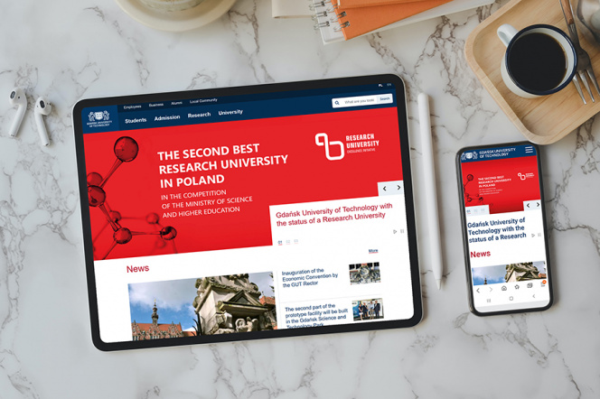 tablet and smartphone with a view of new homepage of Gdańsk University of Technology