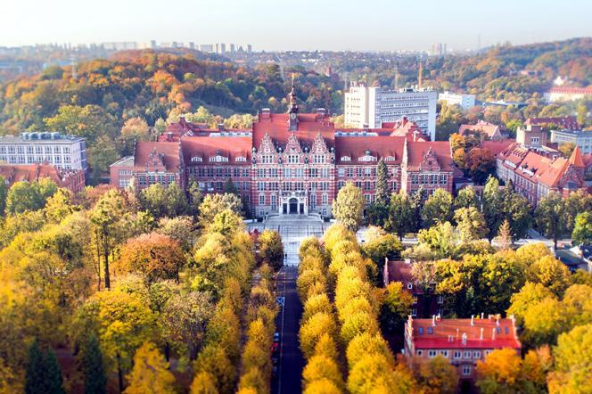 View of the GUT building from above, surrounded by autumn trees