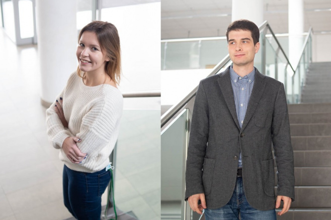  The photo shows MSc. Małgorzata Nadolska dressed in a white sweater and navy blue jeans. She is standing with folded hands by the stairs. The second combined photo shows MSc. Bartosz Trawiński dressed in a blue shirt, gray jacket and blue jeans. They are both smiling.