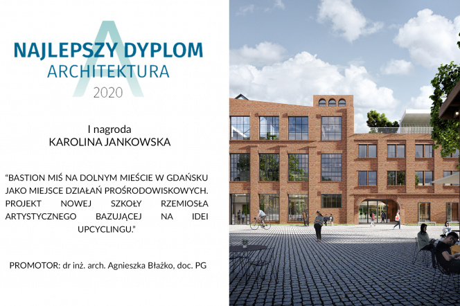 Na zdjęciu znajduje się dyplom uzyskany przez laureatkę konkursu Karolinę Jankowską oraz wysoki budynek z dużą ilością okien