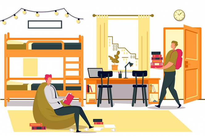 grafika przedstawiająca dwóch studentów w pokoju w akademiku. Jeden siedzi w fotelu i czyta książkę, drugi wchodzi do pokoju niosąc stos książek