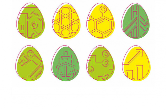 grafika przedstawia osiem jajek wielkanocnych w kolorze żółtym i dwóch odcieniach zieleni z logotypami poszczególnych wydziałów