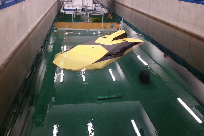 The AUV-Stealth underwater platform during the initial research at the Towing Basin of the Faculty of Mechanical Engineering and Ship Technology of Gdańsk University of Technology. Source: M.K. Gerigk, Department of Mechanics and Unmanned Objects, Institute of Mechanics and Machine Design, FMEST Gdańsk Tech, 2018-2020