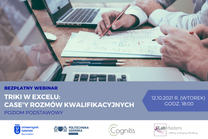 Na zdjęciu znajdują się arkusze kalkulacyjne programu Excel oraz informacja o webinarze.