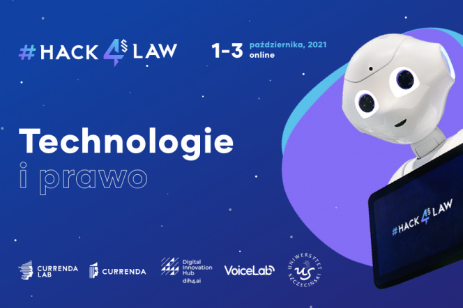 grafika wydarzenia #hack4law z napisem "Technologie i prawo"