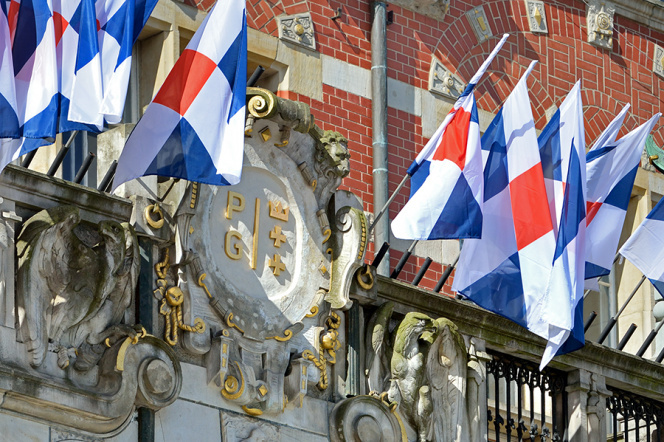 The flags over the entrace of main building 