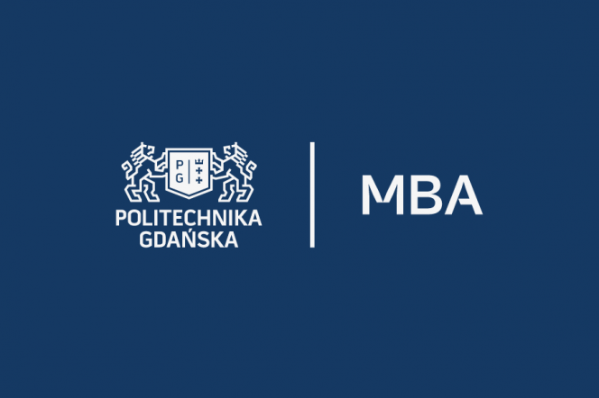 Białe logo MBA na granatowym tle 