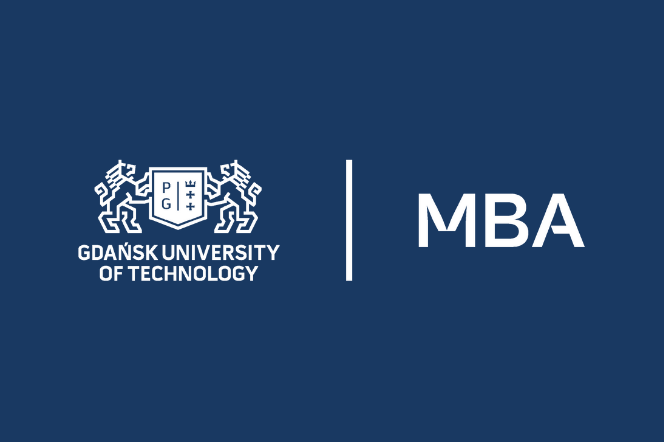 White logo of MBA one the navy blue background
