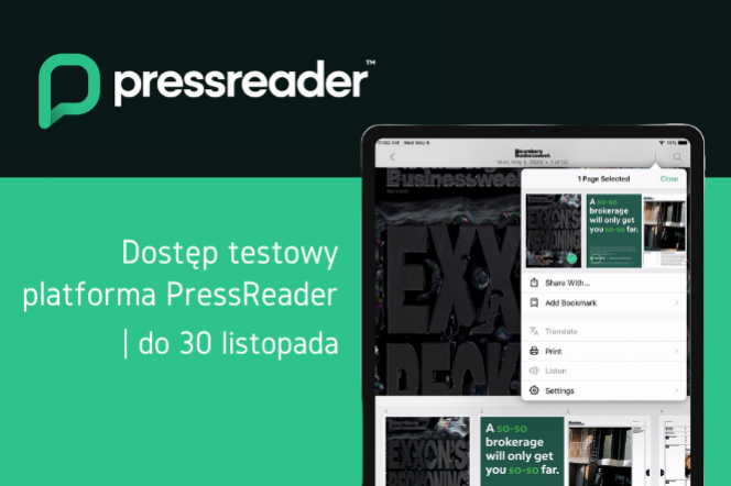 logo PressReader i zdjęcie interfejsu na telefonie komórkowym