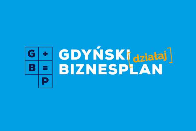 Grafika konkursu z napisem Gdyński Biznes plan na niebieskim tle