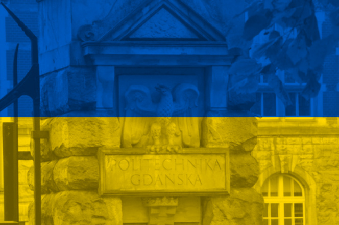 Flaga Ukrainy z budynkiem Politechniki Gdańskiej w tle