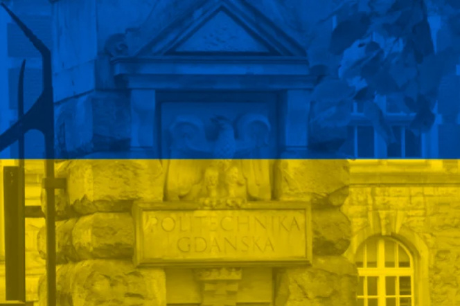 Flaga Ukrainy z fasadą Gmachu Głównego PG w tle