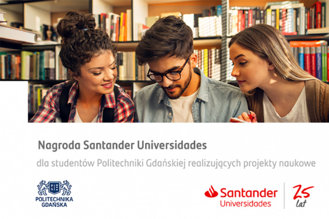 grafika ze zdjęciem przedstawiającym troje uśmiechniętych studentów i logotypami PG oraz Santander Universidades