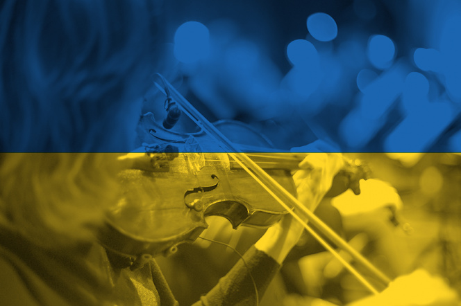 grafika w barwach flagi Ukrainy, w tle skrzypaczka