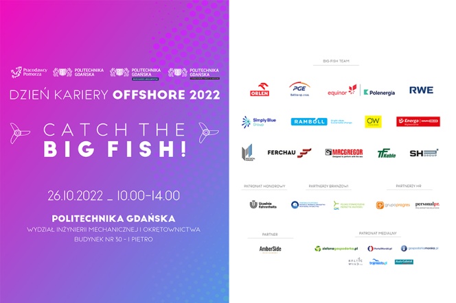Na zdjęciu po lewej stronie znajduje się nazwa wydarzenia Dzień Kariery OFFSHORE 2022, a po lewej stronie znajdują się nazwy firm-wystawców, organizatorów oraz partnerów i patronów wydarzenia